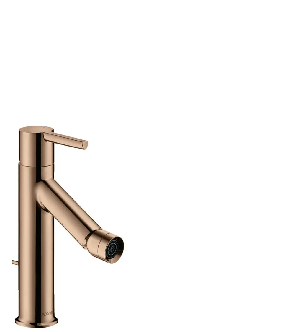 Ein AXOR Bidetmischer in Polished Red Gold mit einem Hebelgriff und einer Zugstangen-Ablaufgarnitur, auf einer weißen Fläche.